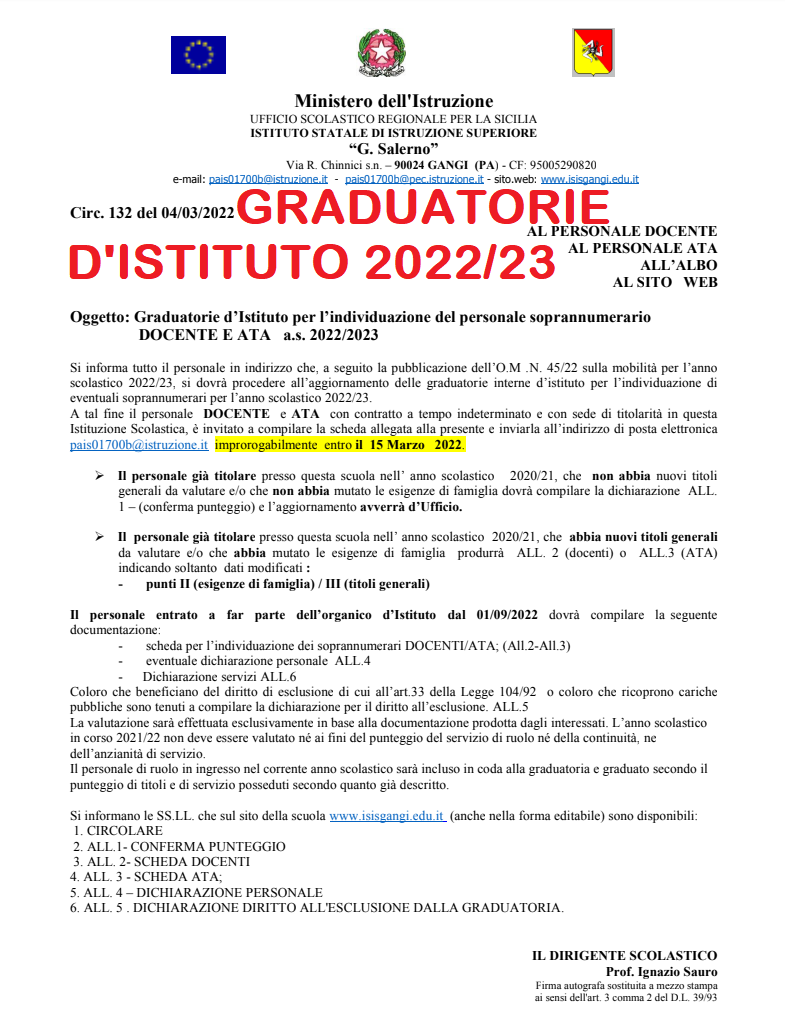 Graduatorie dIstituto 2022 2023